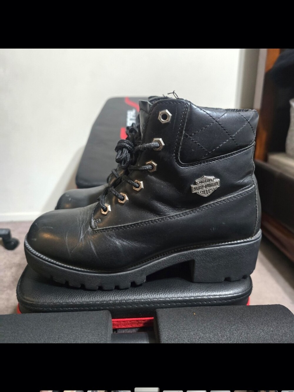Harley-Davidson Black Lace-Up Quilted Collar Leather Boots - Picture 2 of 7